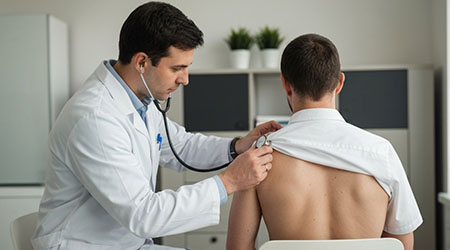 Врач-терапевт слушает пациента стетоскопом